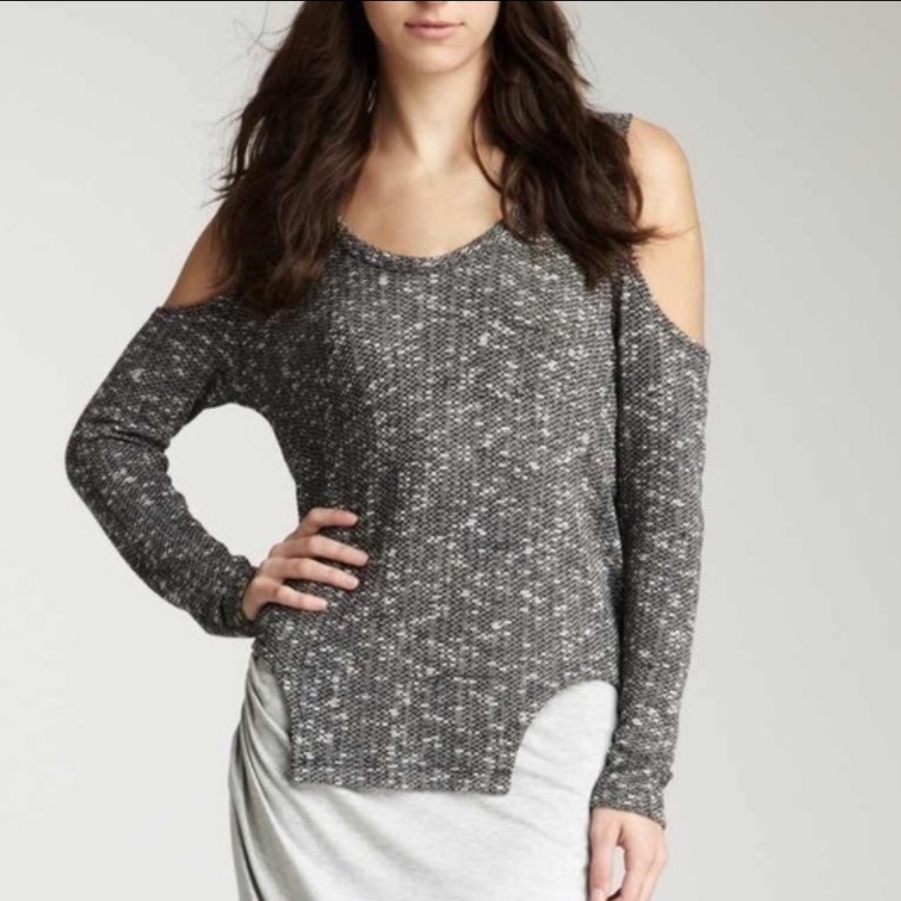 LNA Marled Cold Shoulder Knit Gray Long Sleeve Scoop Neck Open Back Sweater S
